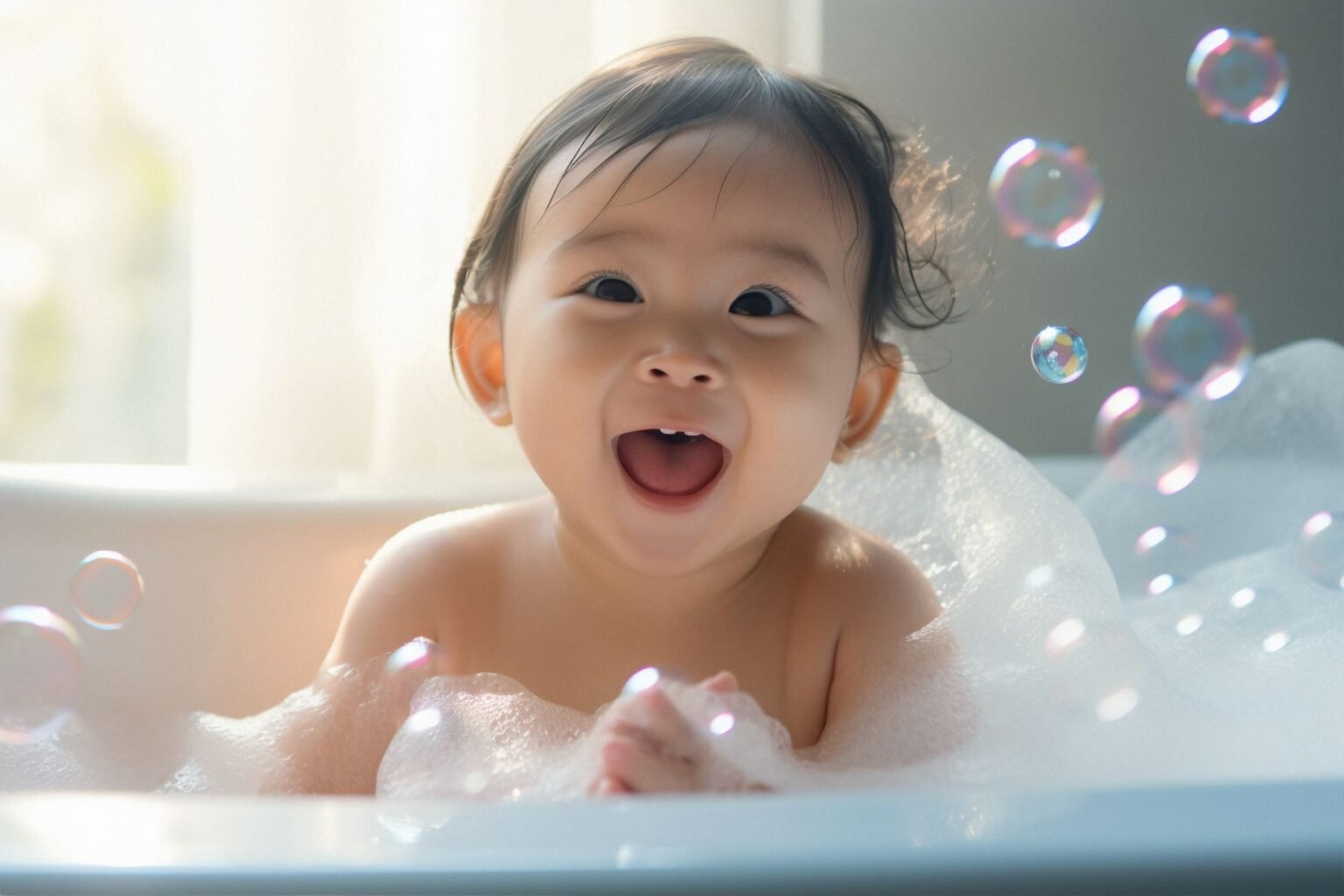 Portrait Adorable Newborn Baby Taking Bath